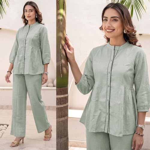 Image of TAGDO Co Ord Set for Women Stylish | Linen Kurta Set for Women | Mandarin Neck & Button Kurti Tops with Straight Fit Pants | Casual, Office & Travel Wear Two-Piece Outfit (2062)