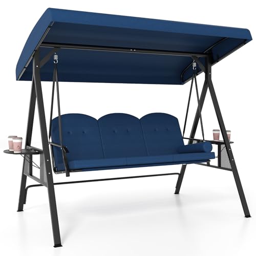 Image of Tangkula 3 Person Porch Swing, Outdoor Swing with Adjustable Canopy, Thickened Cushions & Pillow, Metal Frame, Foldable Side Tray for Backyard, Garden and Poolside (Navy)