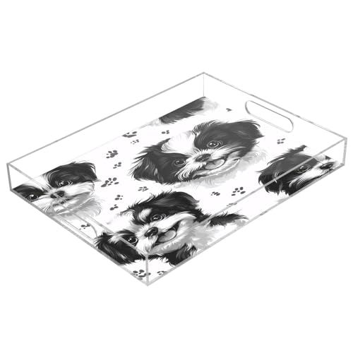 Msyxl Little Dogs Serving Tray for Coffee Table, Decorative Acrylic Tray Little Dogs Tray with with Handles for Breakfast, Ottoman, Countertop, 12x16 in
