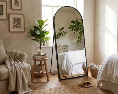 Image of Ellehome A Perfect Home Decor Arched Full Length Floor Mirror with Stand, Black Metal Heavy Frame, 4 ft x 1.5 ft, Freestanding (Black, 4 x 1.5 ft)