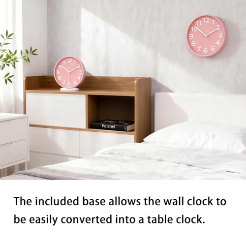 JENLYSTIME 8 Inch Vibrant Pink Modern Wall Clock – Silent Non-Ticking, Bold 3D Numbers, Precise Quartz Movement | Decorative Desk & Wall Clock with Stand for Home, Kitchen, Bedroom, or Office - Image 2