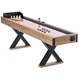 Happybuy 9ft Shuffleboard Table 2-in-1 Shuffleboard & Bowling Combo Game Set, Family Game Room, Scratch-Resistant Playfield, 8 Pucks, Bowling Set, Wax & Brush, Wood