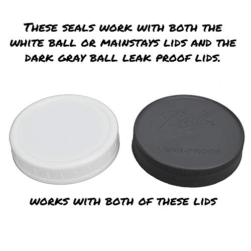 Unique, Reusable Silicone Seals for use with Wide Mouth Ball, Mainstays White Plastic Lids and Ball Black Plastic Leak Proof Lids For Mason Jars, Seal Sits on Rim of Jar Not Inside Lid – 12 Pack