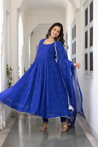 Image of Modestouze Attires Women's Rayon Printed Kurta Set | U Neck Full Sleeve Fit Flared Anarkali Kurti and Print Dupatta