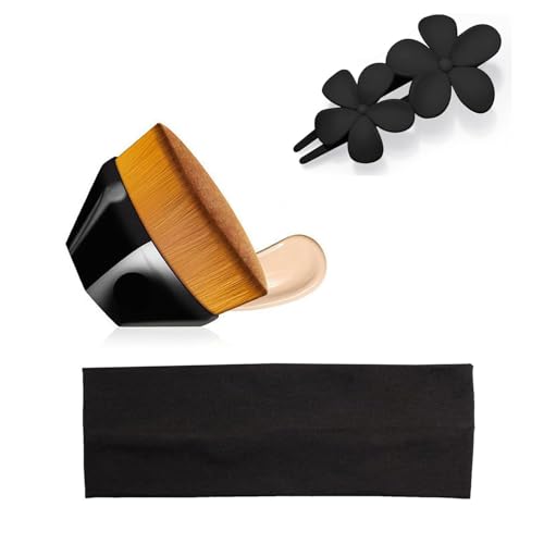 Tecerrity Foundation Brushes Set, Face Blush Liquid Powder Foundation Brush Blending Liquid, Cream, Makeup Tool Hair Clips Headband, Pack of 3
