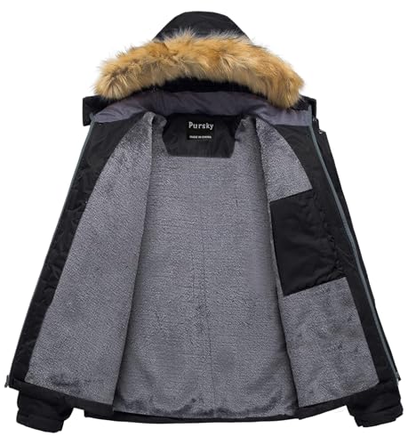 Image of Pursky Men's Waterproof Ski Jacket Winter Snow Coats Fur Hooded Raincoats Parka