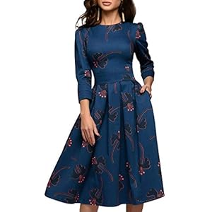Simple Flavor Women's Floral Evening Flare Vintage Midi Dress 3/4 Sleeve (0658BL, M)