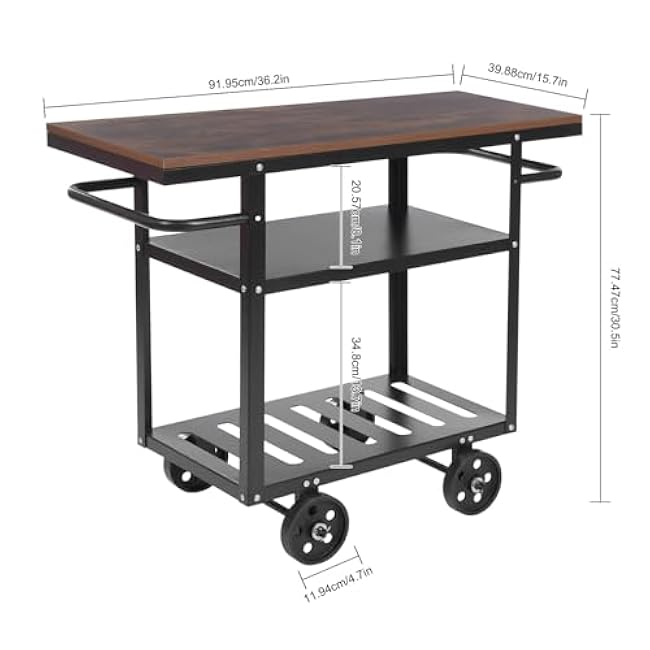 Industrial Rolling Bar Cart with Wheels, Vintage Rolling Bar Cart on Wheels Industrial Mobile Serving Cart Metal and Wood Design for Kitchen Bar Office Coffee House 3 Tier with 2 Side Handle-NGtzjKiY