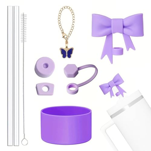 Image of HASTHIP 9Pcs Tumbler Accessories Kit for Stanley Cup Accessories Charm Set Kit Cute Bow Straw Cap, 2 Straight Straws, Cleaning Brush, Butterfly Handle Charm, Cup Bottom Sleeve