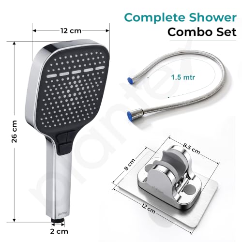 Image of Plantex Bathroom Hand Shower Full Set /3 Mode Handheld Shower with 1.5m Hose Pipe & Self-Adhesive Shower Holder /ABS Shower for Bath - (Chrome, Combo)