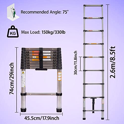 2.6M Telescopic Ladder 8.5FT Multi-Purpose Stainless Steel Telescoping Ladder Extendable Portable Loft Ladder with EN131 Standard Easy to Carry for Draw Wall Replace Bulb Clean Window Repair Roof 2 2.6M Telescopic Ladder 8.5FT Multi-Purpose Stainless Steel Telescoping Ladder Extendable Portable Loft Ladder with EN131 Standard Easy to Carry for Draw Wall Replace Bulb Clean Window Repair Roof - Image 2