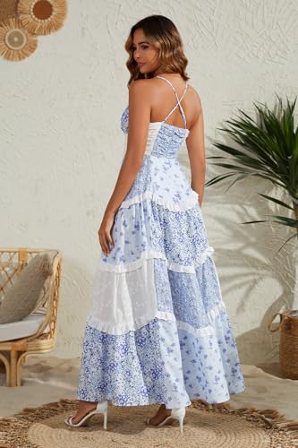 Image of Women Floral Maxi Dress Spaghetti Straps V Neck Lace Patchwork Flowy Tiered Boho Beach Sundress Long Dresses