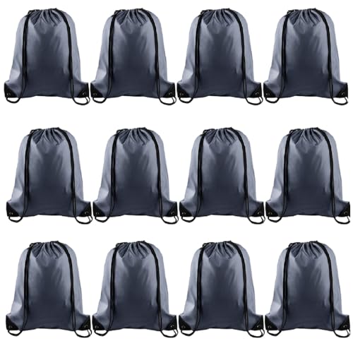 Image of KUUQA 12 Pcs Drawstring Backpack Bags Bulk Gray Drawstring Bag Foldable Gym Bag Sports Cinch Sack String Backpack Storage Bags for Women Men Shopping Gym Travel Sports