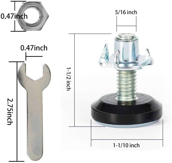 Miniatura 2 de Paquete de 8 niveladores ajustables de 516 pulgadas, niveladores de patas resistentes con llave para armarios, sofá, mesa, silla, patas de muebles