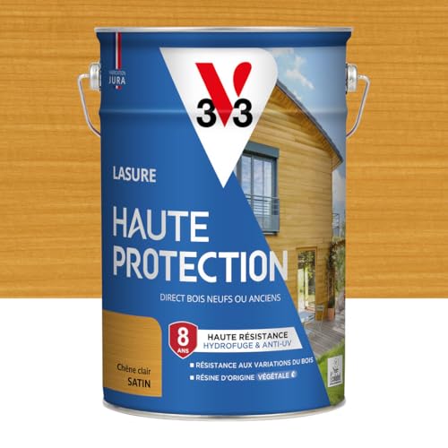 V33 Lasure Bois extérieur Chêne clair satin - Haute Protection 8 ans - Haute résistance hydrofuge et anti-UV - Résiste aux variations du bois - Ecolabel, résine...