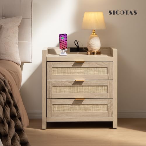 Image of SICOTAS Rattan Nightstands Set of 2 Bedside Table - Larger Night Stand with Type-C Charging Station, 3 Drawers Storage, Boho Night Stands End Table for Bedroom Office - Light Oak