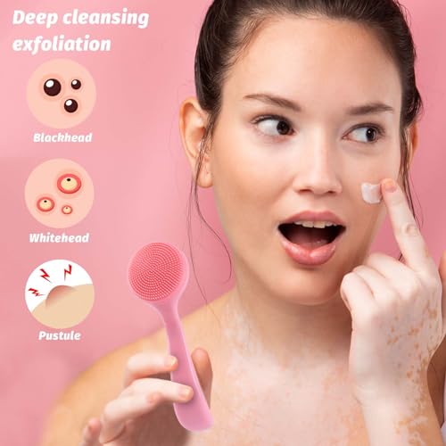 WLLHYF-2-Pack-Manual-Facial-Cleansing-Brush-Soft-Silicone-Face-Skin-Scrubbers-Scrub-Pad-Exfoliator-Cleanser-with-PP-Handle-for-Blackheads-Whiteheads-Removal-Blue-and-Pink