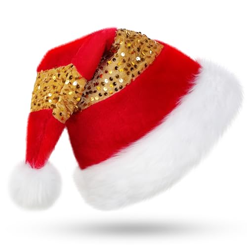 CITÉTOILE Bonnet Noël, Chapeau du père Noël Adultes,Bonnet de Noël Neutre, Chapeau de Velours Décoration de Noël Costumes Cosplay, Nouveauté Rayures Patchwork Paillettes Dorées et Peluche Rouge