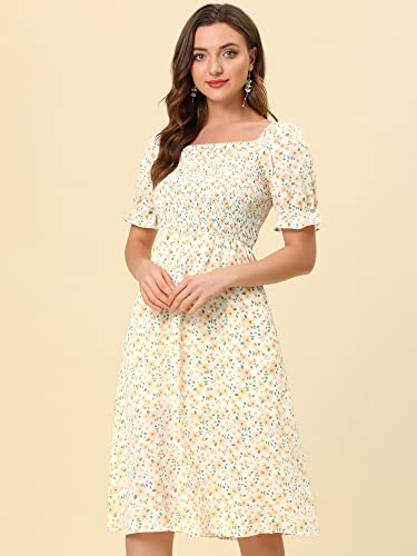 Image of Allegra K Women's Cottagecore Floral Dress Puff Sleeves Smocked Midi Dresses