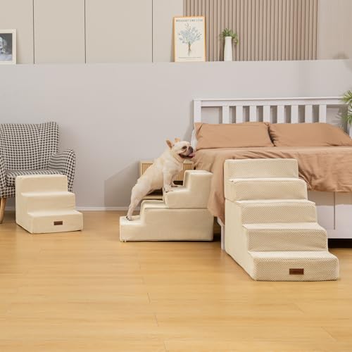 Image of Aodisman Dog Stairs for Small Dogs & Cats,3-Step Pet Steps for Couch & Bed | High-Density Foam Dog Steps with Anti-Slip Bottom,Easy for Puppies,Older Cats & Dogs to Reach Sofas & Chairs,Beige,13.6 inch H