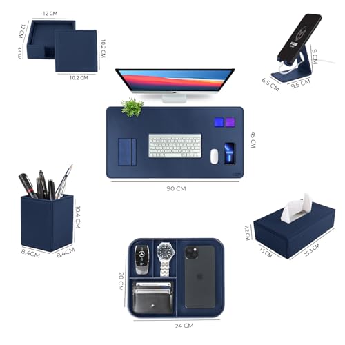 Image of V-CUBE Designs Premium Vegan Leather Executive Set of 6| Multipurpose Personal Desk Organizer| Desk Mat | Valet Tray| Tissue Holder | Pen Holder| Coaster | Mobile Stand for Office Table & Home - Blue