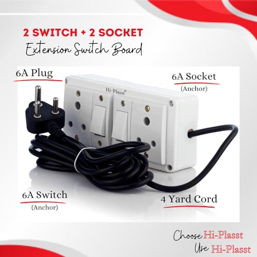 Image of Hi-Plasst 2+2 Pin Extension Board with 2 Switches & 2 Sockets, 6A, 4-Yard Long Cord - Wall-Mountable Power Hub for Home, Office, Diwali Lights, Christmas Decor & Kitchen Appliances