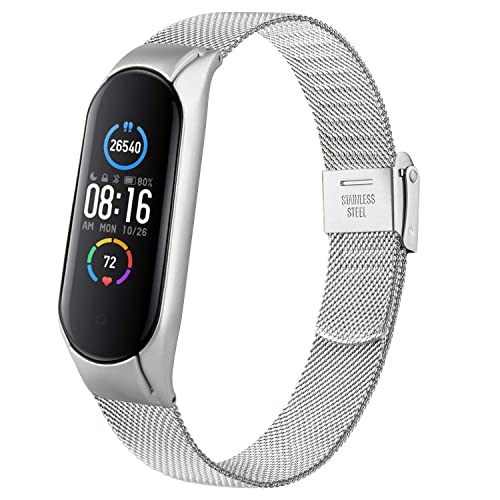 Mugust Armband für Xiaomi Mi Band 5/ Xiaomi Mi Band 6 Armband Edelstahl Mesh Metall Ersatzarmband für Amazfit Band 5/ Xiaomi Mi Band 6/ Mi Band 5 (Silber)