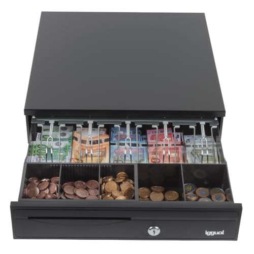 iggual Cajón Portamonedas IRON-30. Caja Efectivo Registradora Manual o Automáticapara 5 Billetes y 5 Monedas. Cerradura 3 Posiciones. Material Acero+Plástico. Uso profesional- Negro (42x40.5x10)