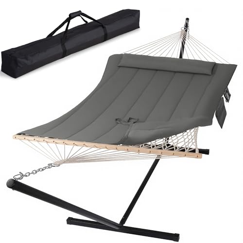 SUNCREAT Double Outdoor Hammock with Stand, Carrying Bag, Two Person Cotton Rope Hammock with Polyester Pad, Dark Gray