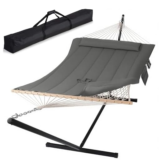 SUNCREAT Double Outdoor Hammock with Stand, Two Person Cotton Rope Hammock with Polyester Pad, Dark Gray