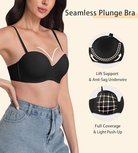 Image of Strapless Bras for Women with Support, Womens Underwire Push Up Plunge Full Coverage Tshirt Bra with Extender