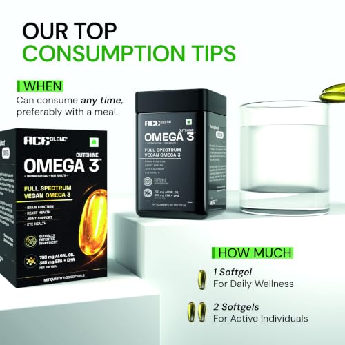 Image of Ace Blend Outshine Omega 3 Vegan with 385mg EPA + DHA per Softgel | Full Spectrum Algal Oil | 700mg Algal Oil | Plant-Based Omega 3 Supplement | For Men & Women | 60 Softgels