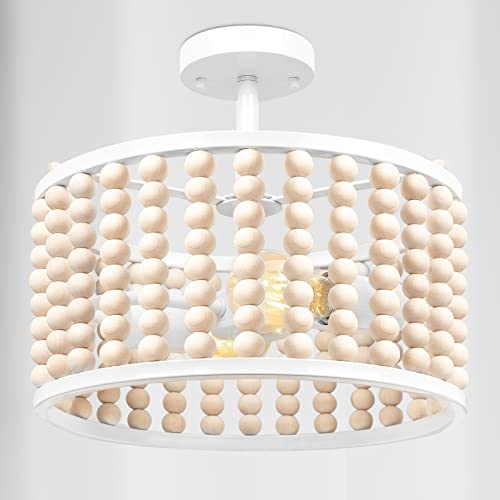 Image of White Wood Beaded Boho Chandelier - Modern Nursery Ceiling Light Fixture, Beaded Semi Flush Mount Light, Farmhouse Lights for Bedroom Hallway Foyer Living Kids Room