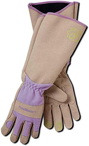 MAGID Extra-Long Thornproof Pruning and Gardening Gloves for Men, 1 Pair, Size 9/L with Forearm Protection, Tan & Purple