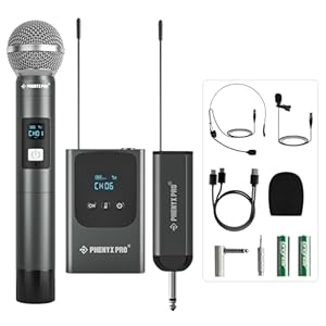 Phenyx Pro Dual Digital Wireless Microphone System, w/Handheld Dynamic Microphone, Bodypack Transmitter, Mini Receiver, 2×15 UHF Frequencies, Headset/Lapel Microphone for Singing (PDP-2-1H1B)