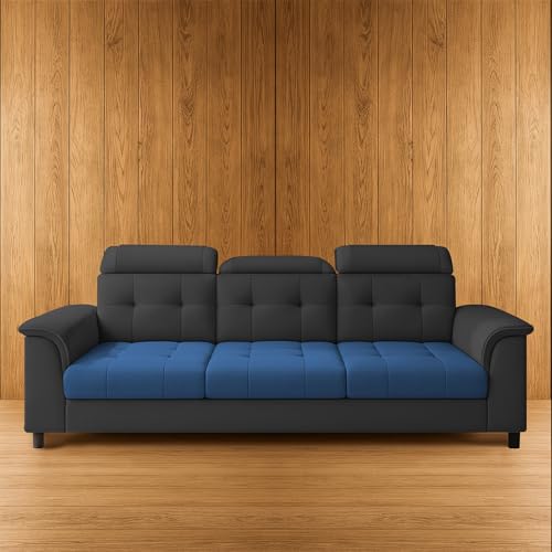 Image of Casaliving Ella 3 Seater Sofa Set for Living Room (Blue Black Colour Fabric) Premium Fabric Sofa