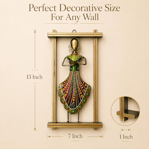 Image of iHandikart Metal Wall Art for Home Decor | Traditional Rajasthani Lady with Diya Wall Hanging | Hand-Painted Iron Wall Sculpture with Stone Work | Wall Decor for Living Room & Bedroom | 13 x 7 Inch