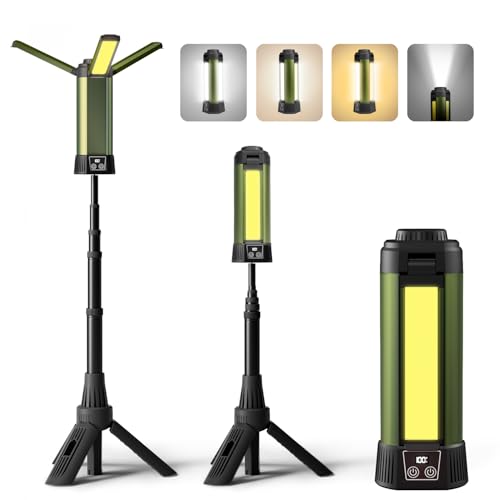 Mlogiroa Rechargeable Camping Light with Stand: Cordless Work Light Kit 3 Page Head 500/1000/2000 Lumen 3500/6500K - Dimmable 6AH Camp Lights with Detachable Tripod,Hooks and Carrying Bag(Green-S)
