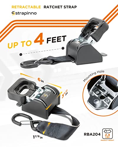 Strapinno 2Pcs Retractable Ratchet Straps (1 7/8 In X 4 Ft) Heavy Duty Transom Tie-Downs For Boat, Pwc Trailer - Extra Mounting Brackets & Bolt Set,Safety Latch S-Hook,Break Strength 2,600Lbs/1,180Kg #TOP2