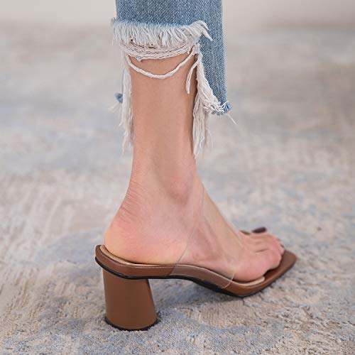 Lehoor Women Flip-Flops Mules Chunky Heels Thong Sandals Transparent Square Open Toe Slippers Slip On Pvc Summer Shoes Brown Size 7 #TOP3