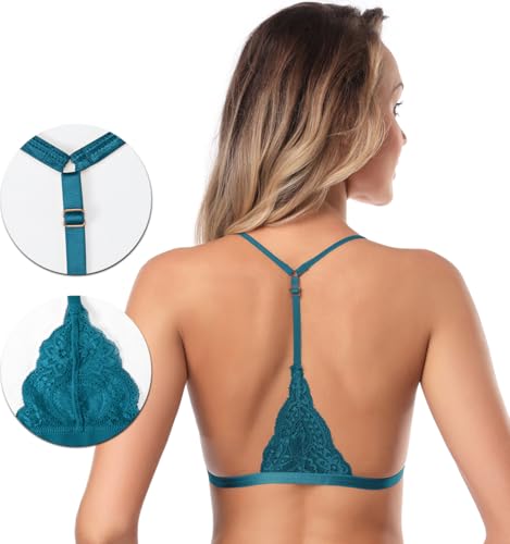 Image of SHEKINI Women's Embroidered Triangle Bra Front Closure Plunge Wireless Lightly Lined Lace Bralette Top