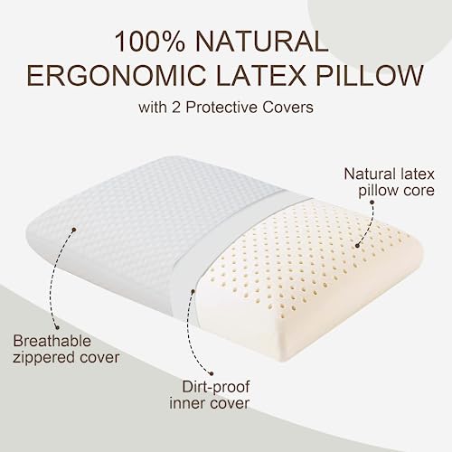 Jabxkeji Latex Pillow Organic Natural For Side Back Stomach Sleeping Helps Relieve Pressure With Removable Breathable Cover Without Memory Foam Chemicals (Queen, 27"*15.5") #TOP2