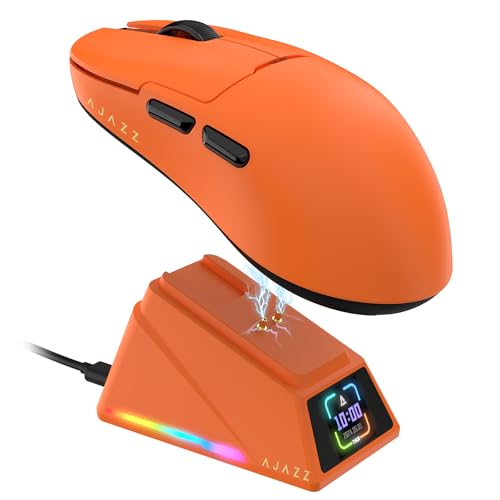AJAZZ AJ159 APEX Wireless Gaming Mouse with Magnetic Charging Base, 56g Lightweight BT/2.4G/USB-C Wired Mouse, PAW3950APEX 42K DPI Optical Sensor, Programmable Buttons for PC/Mac/Win(Orange)