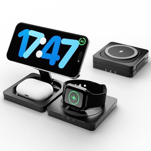 Magnetic Travel Foldable Wireless Charger: 3 in 1 Fast 15W for Magnetic Portable Charging Station for iPhone 16e 16 15 14 13 12 Pro Max for Apple Watch Ultra & SE S10-2 for Airpods 4 3 2 Pro, Black