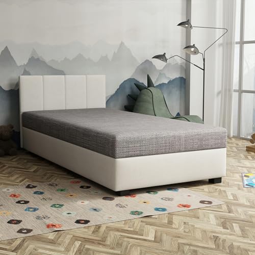 TAPCZANY24 - Boxspringbett Adel 100x200x38 cm mit Schaumstoff Matratze Bett mit Matratze Polsterbett mit Bettkasten Gepolstertes Einzel Bett Schlafsofa - Grau und Weiß