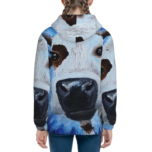 White Cow On Blue Oil Painting Kids Pullover Hoodies Boys Sweatshirts Girls Athletic Clothes with Pocket4