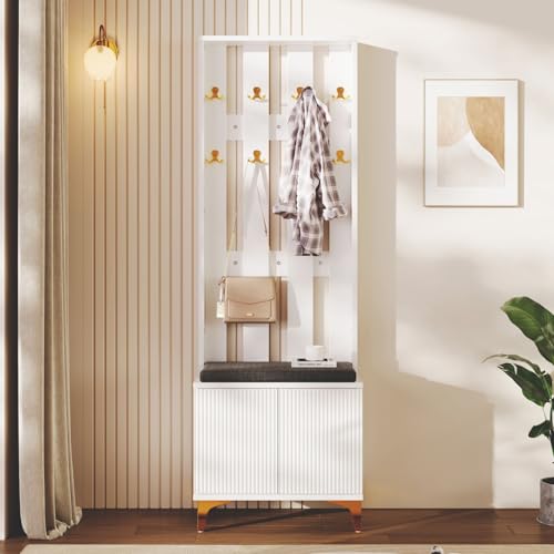 KOMHTOM Vestiaire d'entrée avec Crochets et Banc à Chaussures Casier vestiaire avec Armoire à Chaussures, Meubles pour entrée Chambre Modernes (A-Blanc)