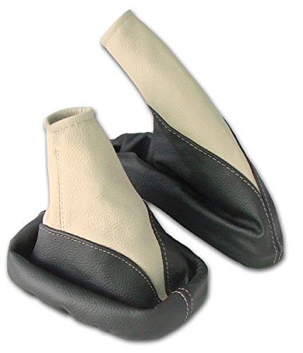 Intersale L&P A105-4 Funda Saco Cuero de Real Piel Genuina Negro Beige con Costura Beige de Palanca de Cambios Cambio Velocidad velocidades Marchas Saco de conmutación y Freno de Mano estacionamiento