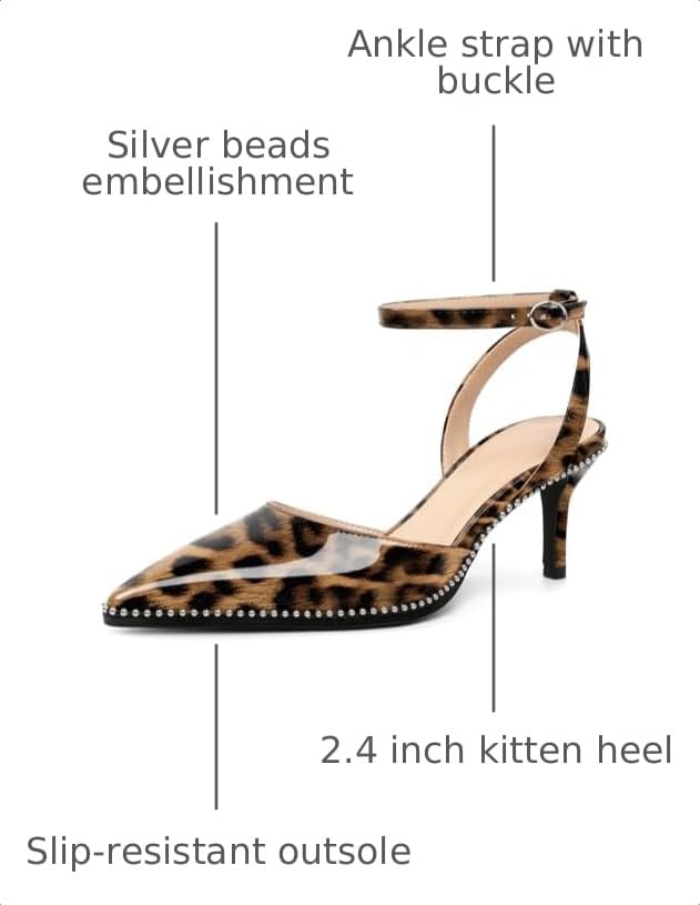 Image of SAMMITOP Kitten Heels for Women Low Heel Closed Toe Ankle Strap Pumps Wedding Party Beaded Dress Shoes 2.4 Inch