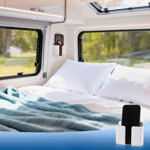 Image of Wall Mounted Mobile Holder with Charging Hole | Phone Stand Storage Case for Remote & Smartphone | Self Adhesive ABS Plastic Organizer for Bathroom, Kitchen, Bedroom | Pack of 4 (White)